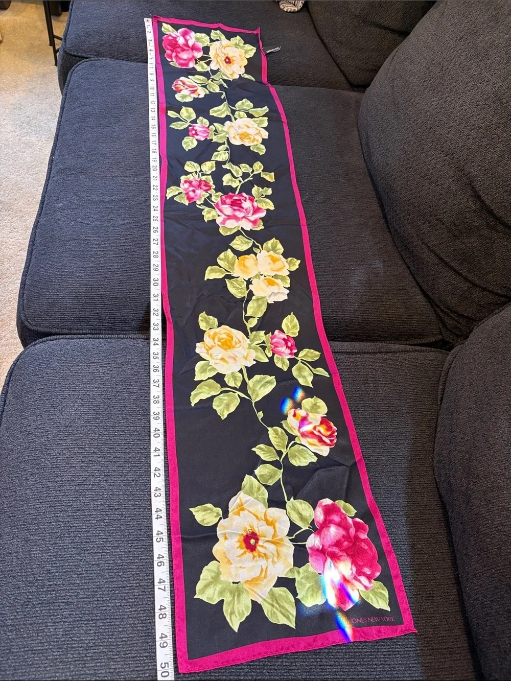 Jones New York Black Floral Silk Scarf with Pink Trim